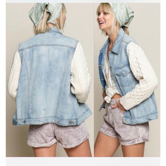 POL Lightwash Denim Cream Crochet Sleeve Jacket Size XL - Picture 7 of 7